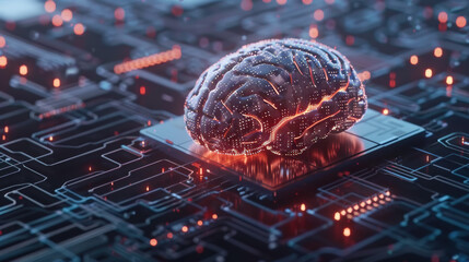 Poster - Futuristic depiction of artificial intelligence with a digital brain on a circuit board, representing advanced technology and machine learning.