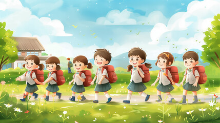 cartoon illustration of a group of school children with backpacks walking on a path in a sunny park.