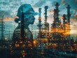 © auttawit - A woman in a hard hat stands in front of a large industrial plant. The image is a reflection of the woman and the plant, creating a sense of depth and perspective. Scene is industrial and powerful