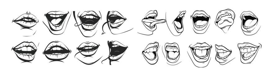 Poster - Hand drawn modern set of cute isolated mouths with teeth and tongue, funny cartoon pop art smile anger and scary face expressions.