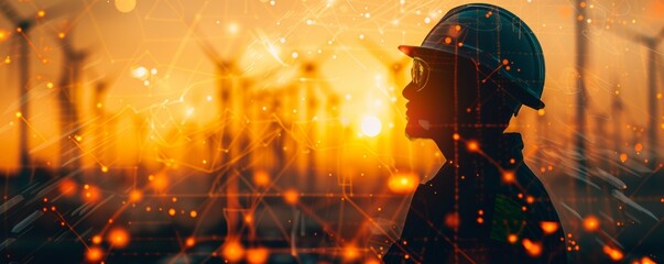 Wall Mural - A man in a hard hat is looking out over a field of wind turbines. The image is a representation of the energy industry and the importance of renewable energy sources