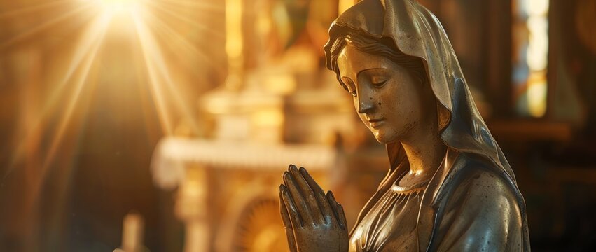 A closeup of the statue of Mary, praying in front of her with his hands folded together inside an old wooden church