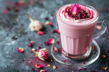 Trendy and romantic pink latte made with hibiscus tea, garnished with dried rose petals, perfect for a fashionable food or beverage advertisement