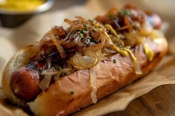 Wall Mural - Close-Up Delicious Gourmet Hot Dog Topped With Caramelized Onions, Sauerkraut, And Mustard In Food Restaurant Interior, Food Photography, Food Menu Style Photo Image