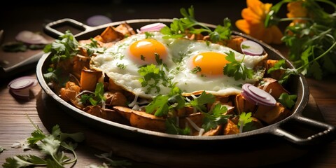 Wall Mural - Morning Sunlight Enhances the Enjoyment of Mexican Chilaquiles for Breakfast. Concept Mexican Cuisine, Breakfast Recipes, Chilaquiles, Morning Sunlight, Food Photography