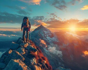 Poster - Triumphant Climber Conquers Majestic Mountain Peak at Sunrise