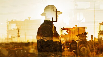 Wall Mural - A man in a hard hat stands in front of a large truck. The image is a reflection of the man and the truck, creating a sense of depth and movement. The scene conveys a feeling of hard work