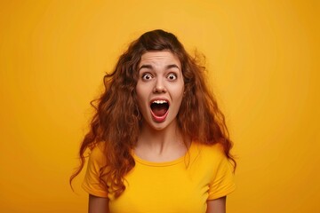 Wall Mural - Astonished young woman in yellow shirt with wide eyes and open mouth, isolated on a bright yellow background