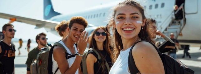 A group of young people smiling in front an airplane, wearing black and white, some with backpacks, sunny day