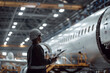 © herraez - Engineer in hard hat and safety vest inspect a large passenger plane in a hangar. Generative AI.