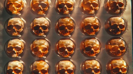 Blister pack of pills shaped like skulls conveys a health hazard warning against misuse symbolizes danger in medications, Addiction or poison concept.