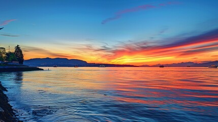 Wall Mural - Burrard Inlet Sunset. Scenic view of this British Columbia waterway and the Strait of Georgia from West Vancouver with Vancouver Island on the distant