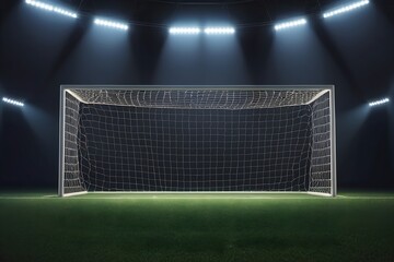 Wall Mural - Empty Soccer Goal on Green Grass Field Illuminated by Stadium Lights, Ready for the Game