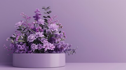 Premium Mockup Purple Display Podium, Bouquet Flora Background 3D Rendering