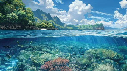 Wall Mural - animation scenic underwater and coastal landscape with mountains generated with ai