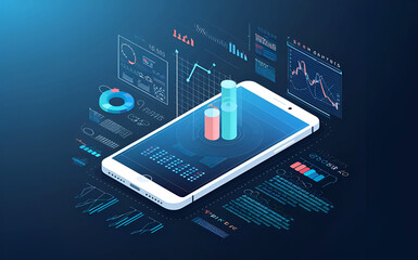 Application of Smartphone with business graph and analytics data on isometric mobile phone.