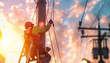 © cindy - electrician on ladder is installing cable on sunset view.