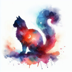 Wall Mural - colorful watercolor illustration of a cat with space elements inside its silhouette, watercolor stre