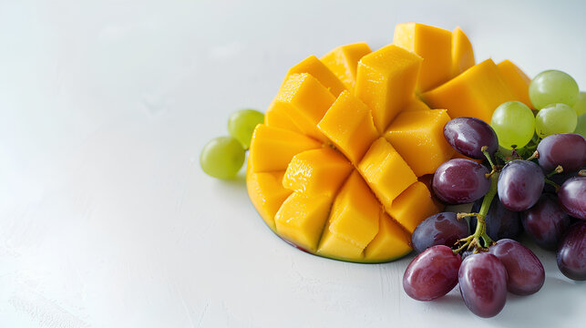 Sliced mango with red and green grapes on white background
