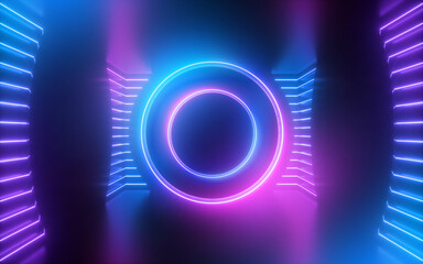 Wall Mural - 3d render, pink blue neon glowing round frame inside virtual space, abstract geometric background