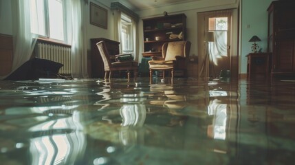 flood in an apartment or house, flooded household items and furniture. accident flooding in the apartment