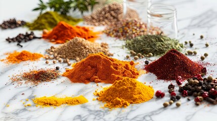 Poster - A close-up view of various colorful spices scattered on a white surface. The spices include turmeric, coriander, paprika, and more. Generative AI