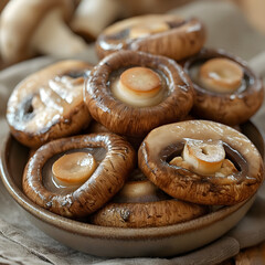 Wall Mural - Sliced Marinated Mushrooms with Fresh Herbs on a Rustic Table