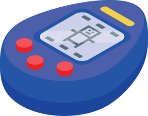 Poster - Blue tamagotchi electronic toy with pixelated screen displaying stick figure character isometric icon