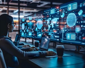 Poster - cybersecurity team monitoring network status guardians of digital integrity