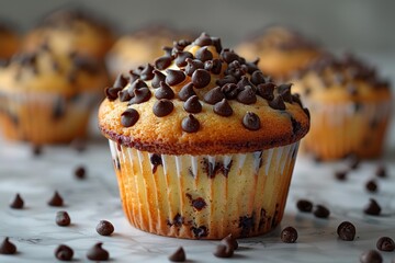 a muffin cupcake adorned with chocolate chip sugar balls and powdered sugar, set against a pristine white background, creating a deliciously tempting treat.