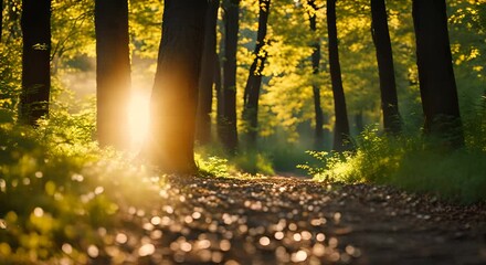 Poster - Soft morning sunlight filters through lush green leaves. Casting a golden glow on a winding dirt path in tranquil woods
