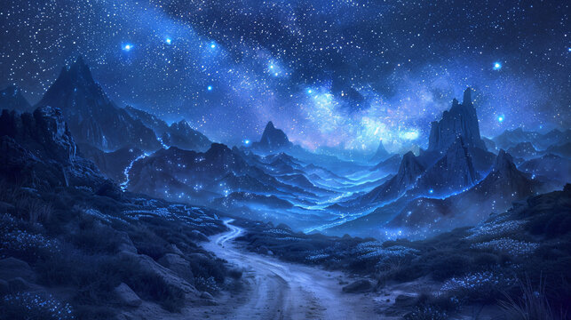 Fantasy illustration of a winding road through a craggy valley under a starry sky