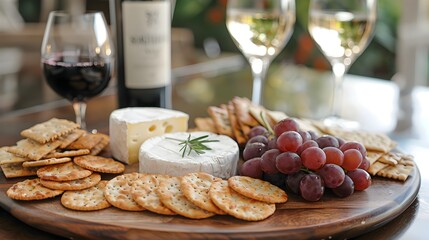 Gourmet Cheese Board with Wine Glasses on Wooden Table