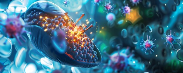 Wall Mural - Concept art illustrating nanoparticles delivering therapeutic agents, highlighting advanced nanotechnology in medicine