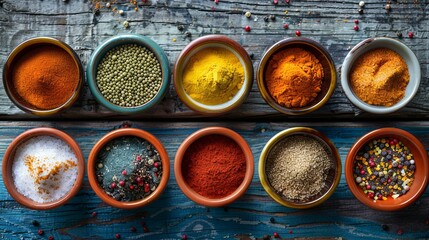 Poster - A top-down view of colorful spices in ceramic bowls arranged on a rustic wooden surface. Generative AI