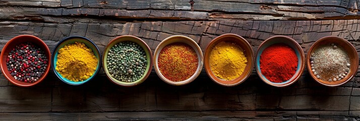 Poster - A top-down view of seven colorful spices in various ceramic bowls, arranged on a rustic wooden surface. Generative AI