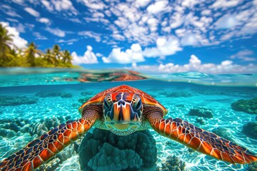 Wall Mural - underwater splendor: award-winning sea turtle in coral reef