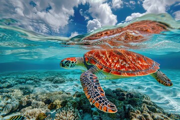 Wall Mural - sea turtle serenity: detailed close-up in crystal clear waters