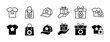 © Vilogsign - Merchandise or merch product thin line icon set. Containing t-shirt, shopping bag, hat, present gift. Vector illustration