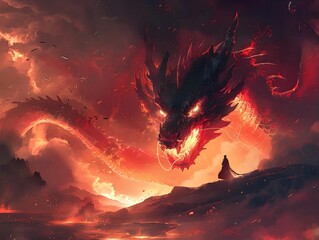 Wall Mural - Fiery Dragon in Epic Combat with Mythical Creatures Illustrative Concept Art Showcasing a Dramatic and Powerful Fantasy Scene