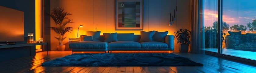 Poster - Elegant Smart Home Interior with Panoramic City Skyline at Sunset