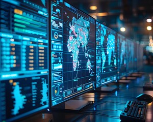 Poster - cybersecurity war room with real time global threat mapping on screens
