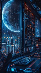Poster - Futuristic Space Command Center Monitoring Missions to Distant Planets
