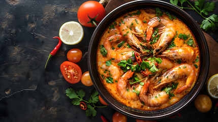 Wall Mural - Delicious Traditional Shrimp Tom Yum Soup in a Bowl with Herbs
