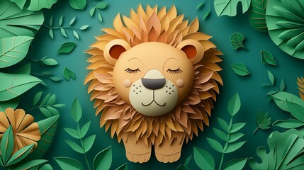 Paper cut Majestic Lion Resting in Lush Jungle