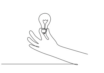 Wall Mural - hand hold light bulb continuous line drawing. business, idea and creativity concept illustration.