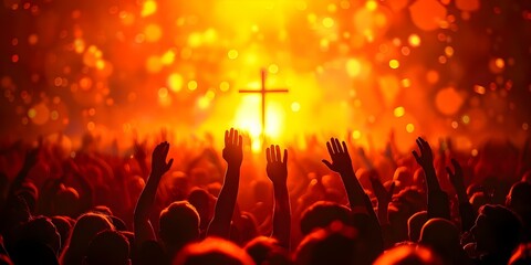 Christians raise hands in worship before cross during religious service. Concept Religious Worship, Christian Tradition, Faithful Gesture, Spiritual Practice, Church Service