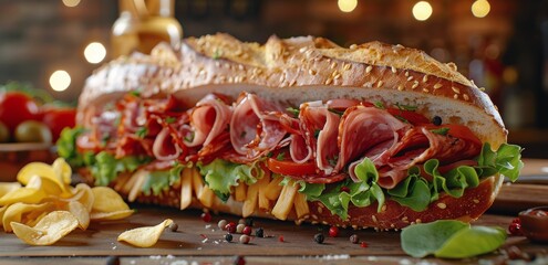 Wall Mural - Close Up Of A Delicious Ham And Cheese Sandwich With Lettuce And Tomato On A Sesame Seed Roll