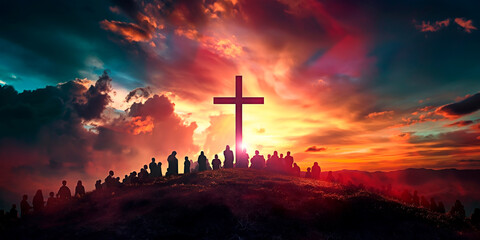 Silhouette of people gathering with cross on a hill during sunset. Concept of crucifixion of Jesus, faith and connection between divine and people.