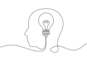Wall Mural - head with light bulb symbol idea. thinking concept. vector illustration minimalist design hand drawn